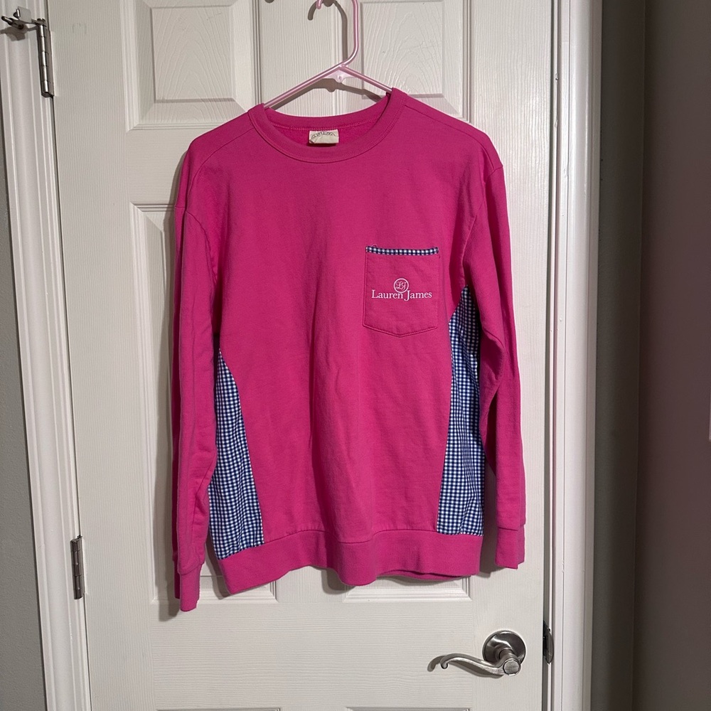 Lauren James Pink Sweatshirt with Blue Checkered Details